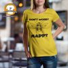 woman wearing a "Don't Worry Be Happy" T-shirt