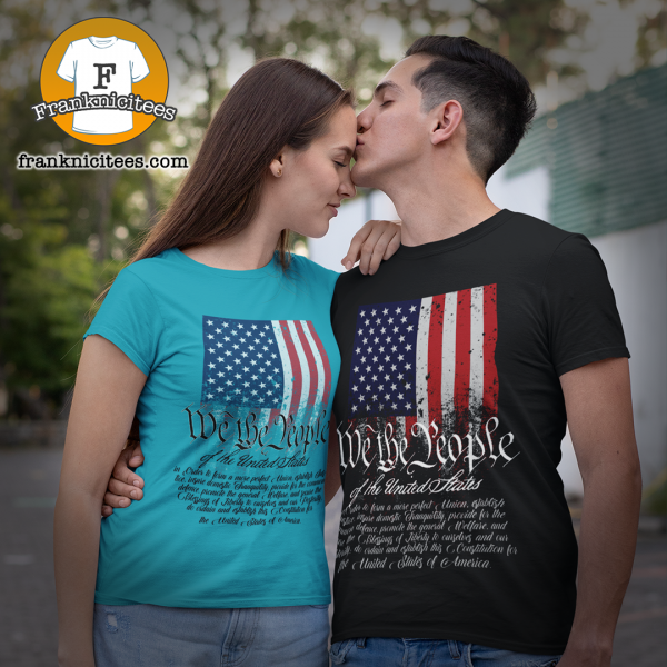 Womand and Man wearing a t-shirt with American Flag and We The People